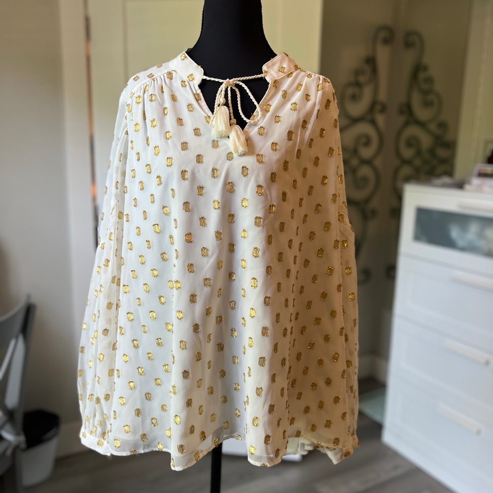 White and Gold Relaxed Tie Front Blouse with Flowy sheer Sleeves, XL